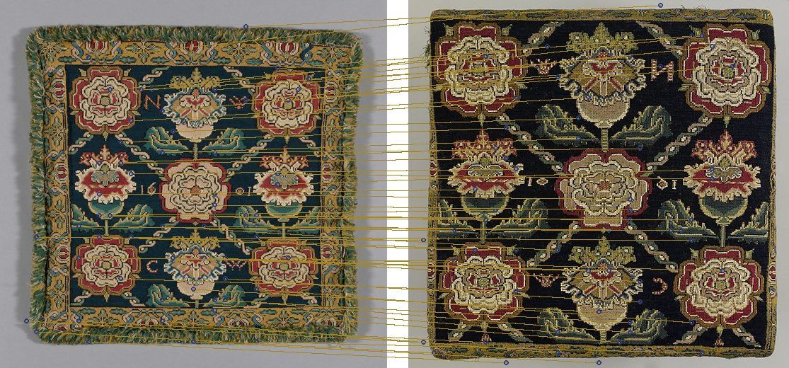 Two cushion covers with lines joining matched points